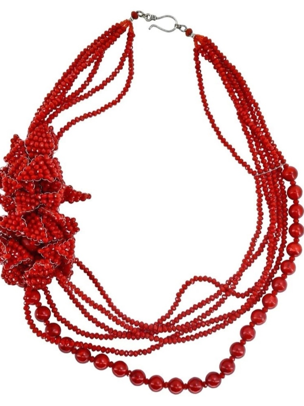 Red Multi-Strand Beaded Statement Necklace Exuberant Bold Floral Glam Bohemian